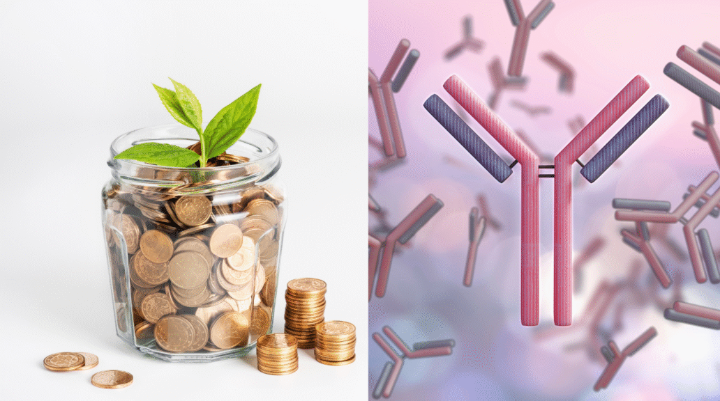 A bowl of money and a graphic picture of an antibody.