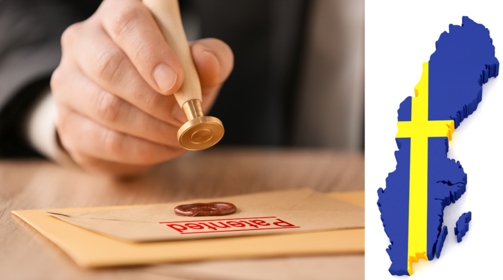 A collage of a patent stamp and a Swedish map.