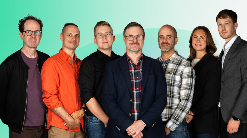 The seven people staff of Prediktera, with the CEO Andreas Vidman in the middle.