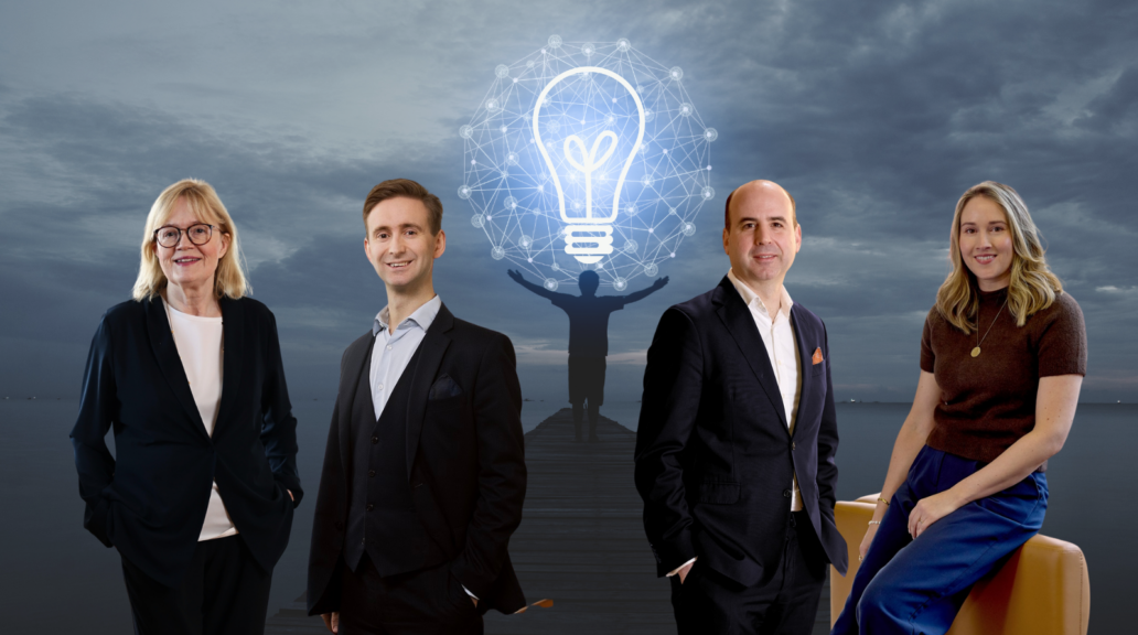 Four patent attorneys from Potter Clarkson in front of a background that illustrates innovation.