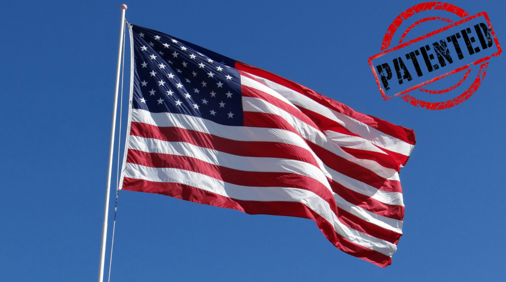 A collage with the American flag and a patent stamp.